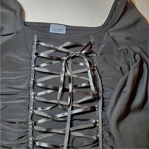 VINTAGE 90’s GOTHIC VAMPIRE LACE UP FLARE SLEEVE RHINESTONE TOP COLD SHOULDER - Picture 4 of 5